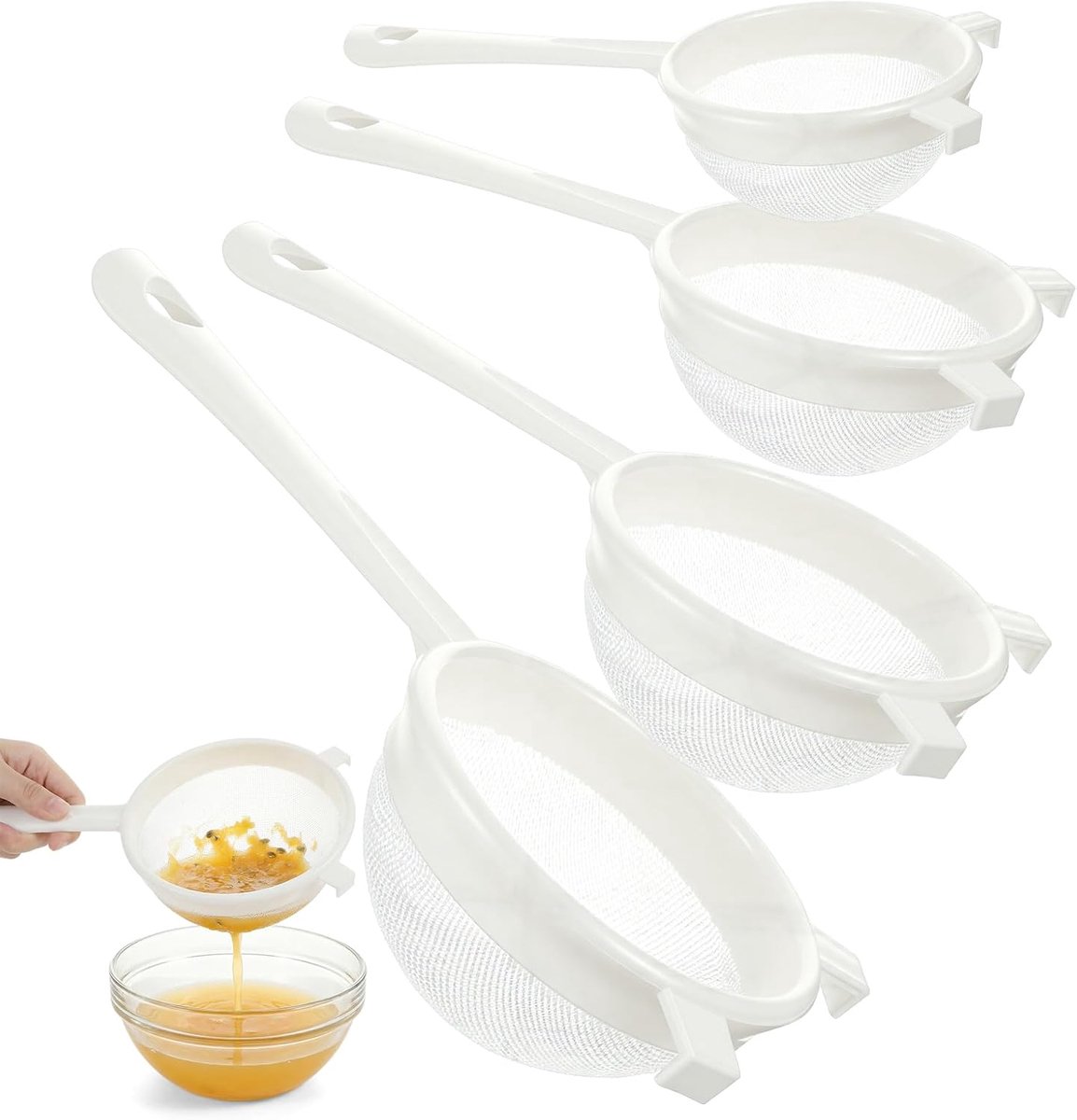 4 stuks kunststof zeef Kefir zeef fijn haarzef keuken fijn zeef met kunststof handvat nylon gaas ultrafijn nylonnet fijn zeef voor sap melk koffie, 4 maten