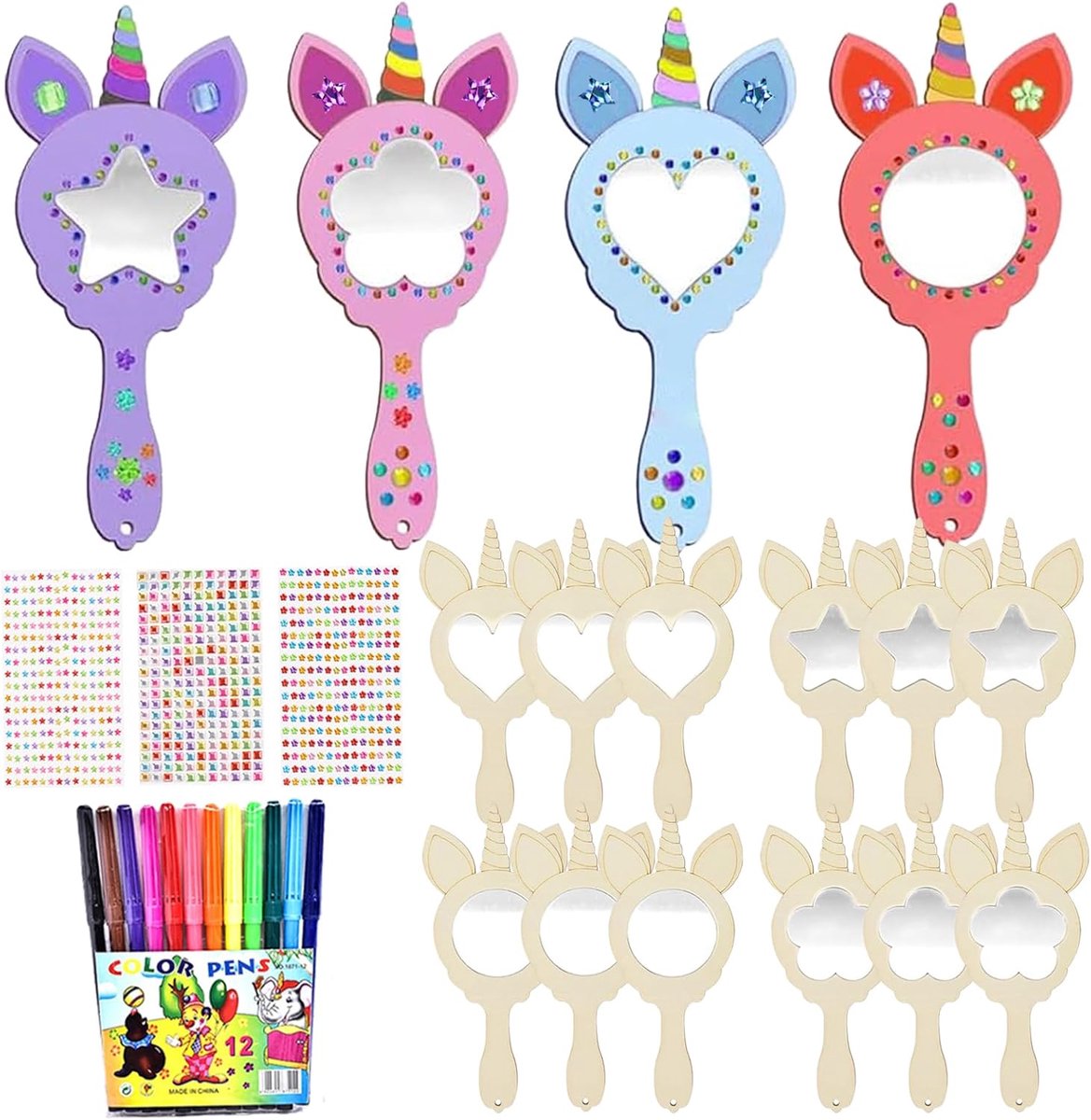 Hout, 12-delige Licorne om in Hand te Houden, DIY voor Kinderen om te Schilderen en te Versieren, Knutselen Creatief Beschilderen Handwerk Activiteiten