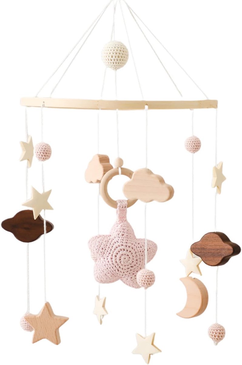Mobile Baby Wind Chimes met Wolken Maan Sterren Mobiel handgemaakte houten gehaakte mobiel Baby pasgeboren jongen meisje Bed Bel hanger op te hangen babybedje ster maan wolken Mobile
