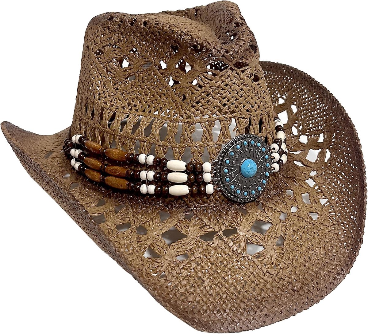 Strohoed voor dames en heren, boho, met turquoise kralenband, verstelbaar, uniseks, zomerfestivalaccessoire