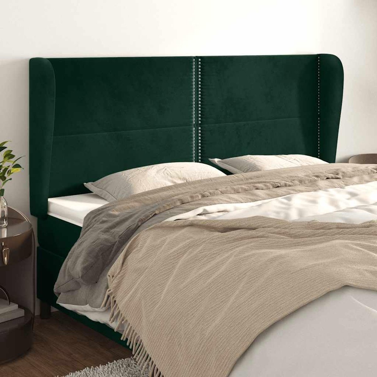 Hoofdsteun oor fluweel verstelbaar, donkergroen, 203 x 23 x 118/128 cm, hoofdeinde van het bed met houten poten, uitstekende rugsteun voor lezen en tv kijken.