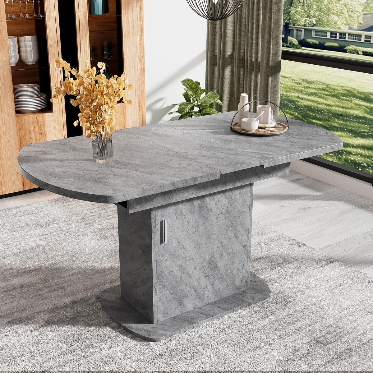 Ovale eettafel met opbergruimte, ruimtebesparende multifunctionele eettafel, 110/130 x 70 x 75 cm (b x h), grijs
