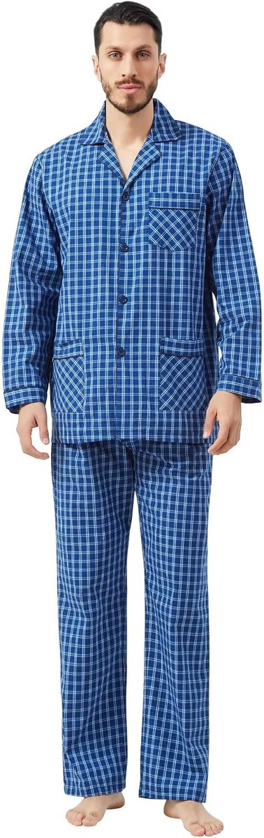 Pyjamaset voor heren, 2-delig, geruite comfortabele nachtkleding, pyjama's met zakken