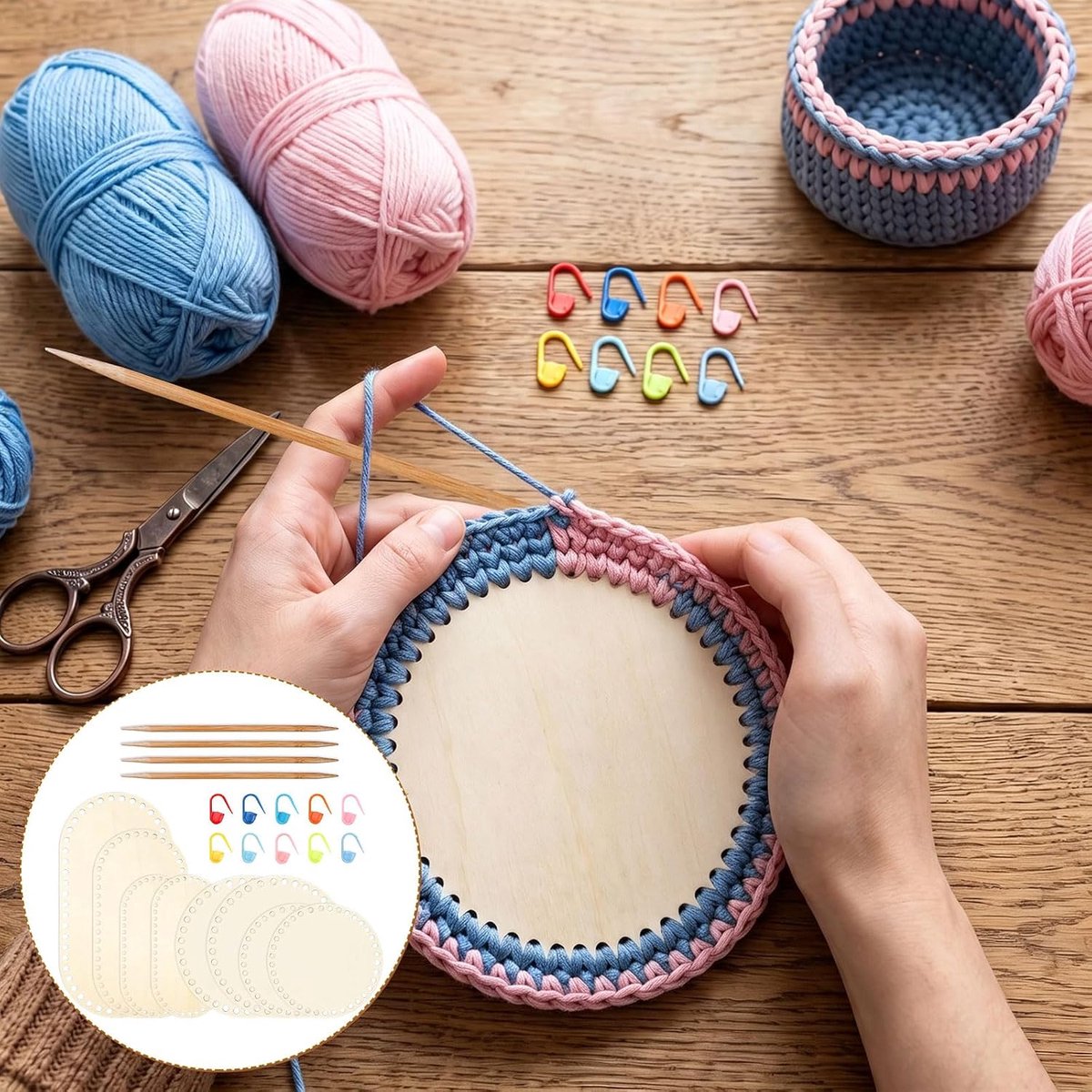 8 stuks zakbodem om te haken, houten bodem voor haakmand, rond, ovaal, met gaten, haakaccessoireset met 4 wolnaalden en 10 steekmarkeringen voor doe-het-zelf handtassen, manden en knutselprojecten, 10