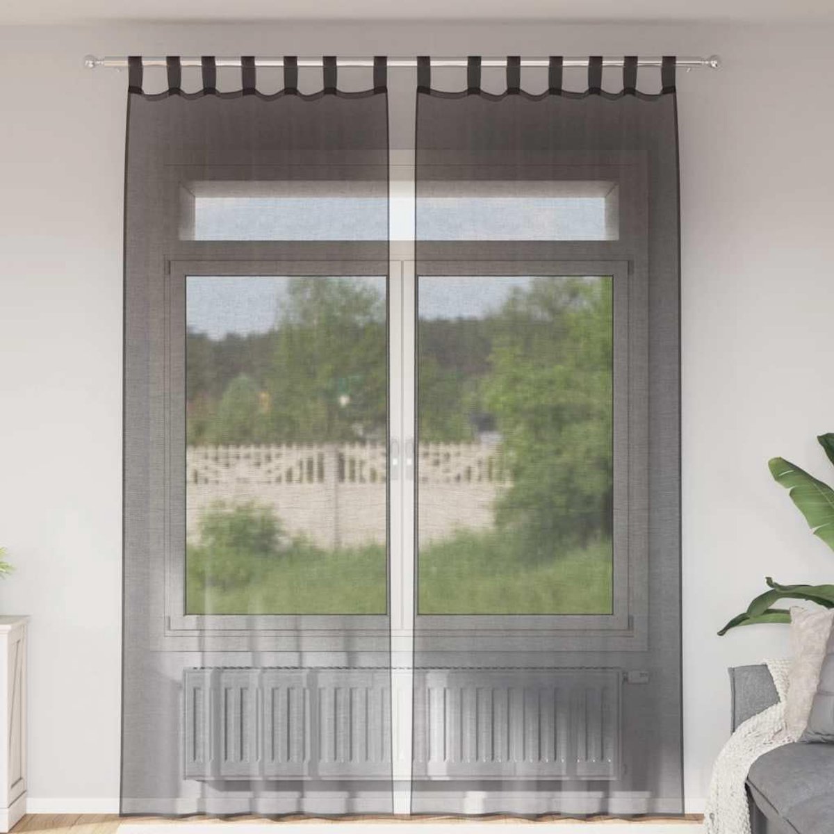 Gordijnen met lipje, 2 stuks, zwart, semi-transparante gordijnen van 100% polyester voor daglicht en privacy, gemakkelijk op te hangen lus voor eenvoudige montage