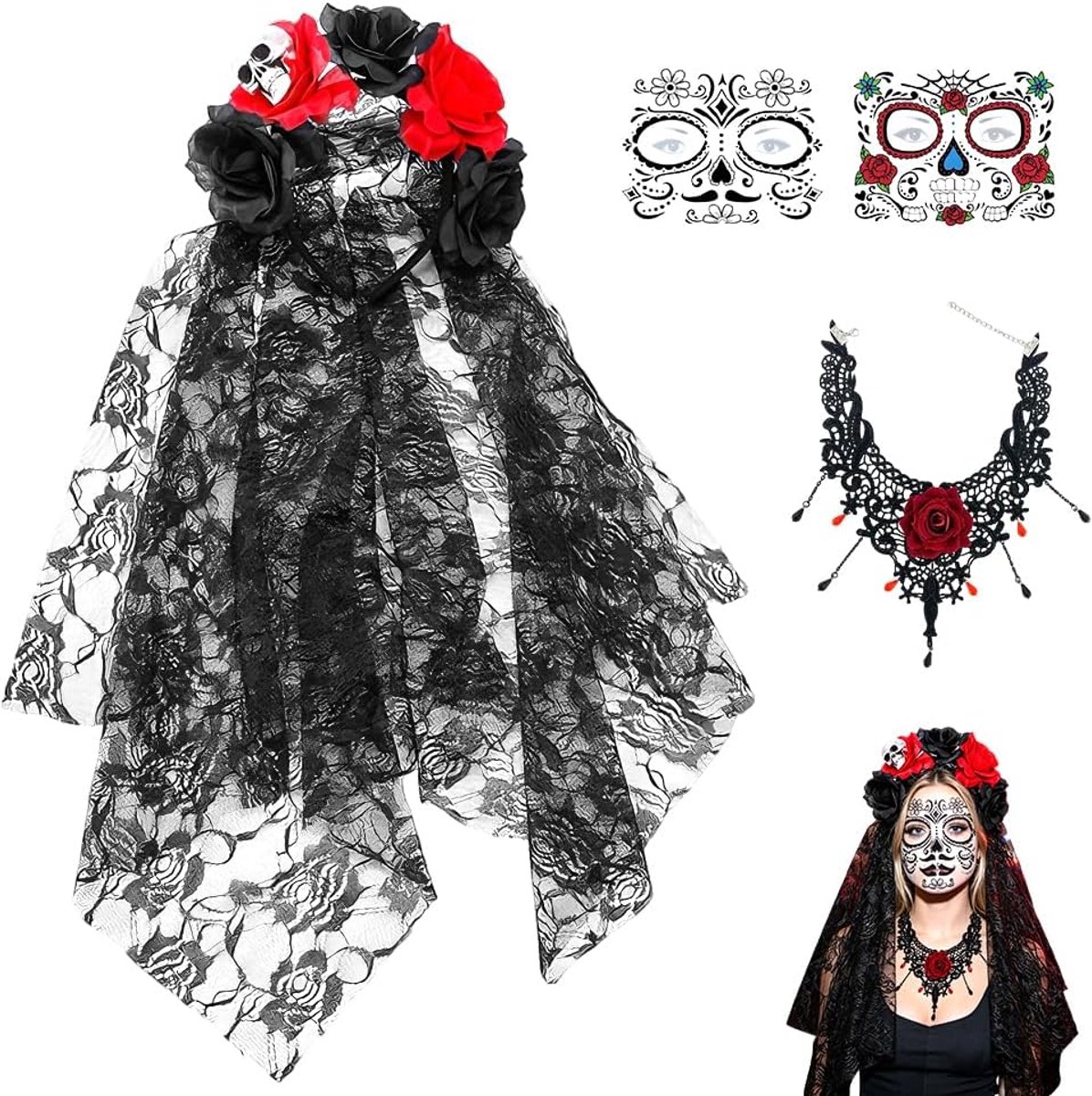 Haarband, Dag der Doden Hoofdsierade Dames Rozen Doodshoofd Haarbands Sluier Tattoostickers Halloween Kostuumaccessoires Rozenhaarsieraden Haarband