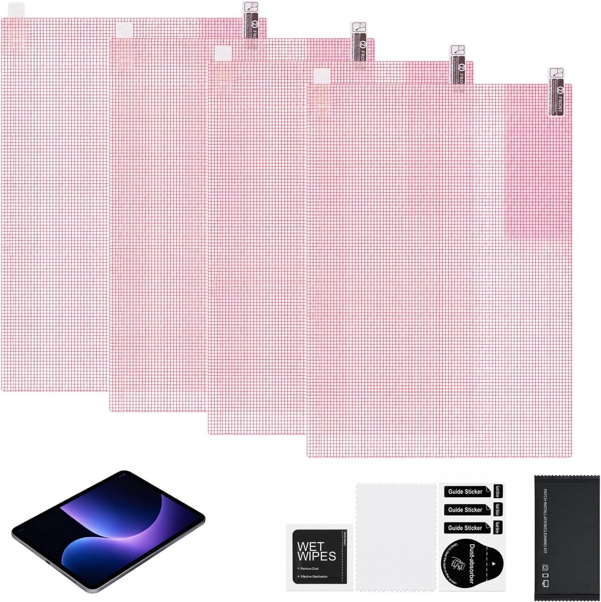 4 stuks A4 HD displaybeschermfolie, 210 × 295 mm, op maat te snijden, ontspiegelde folie, universele beschermfolie voor tablet en horloge, anti-vingerafdrukcoating, inclusief 3-delige