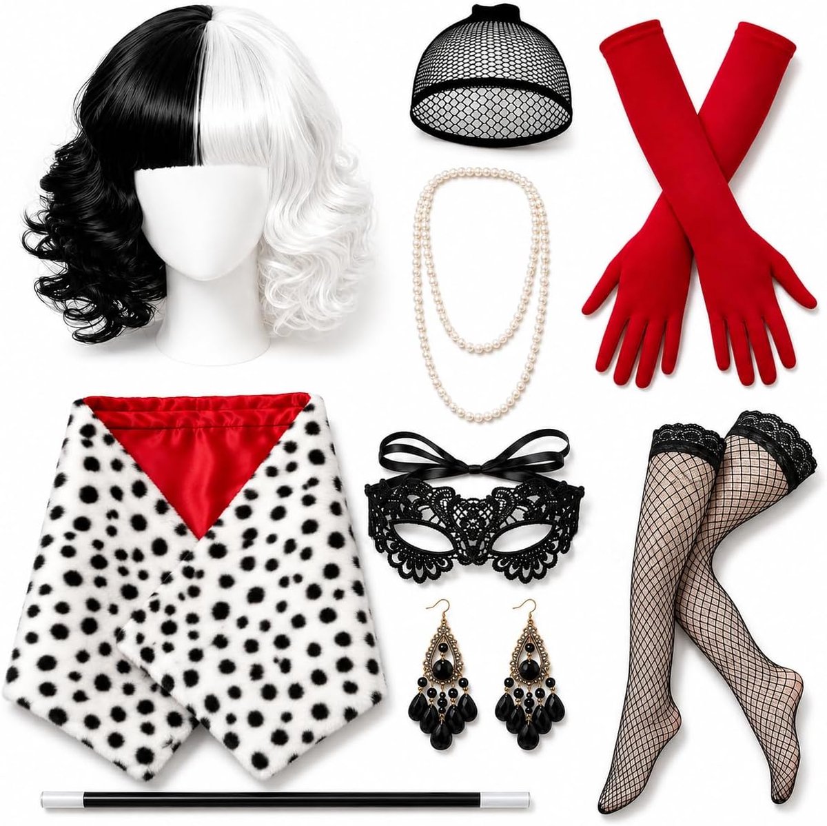 9-delig Cruella de Vil kostuum voor dames, zwart/wit