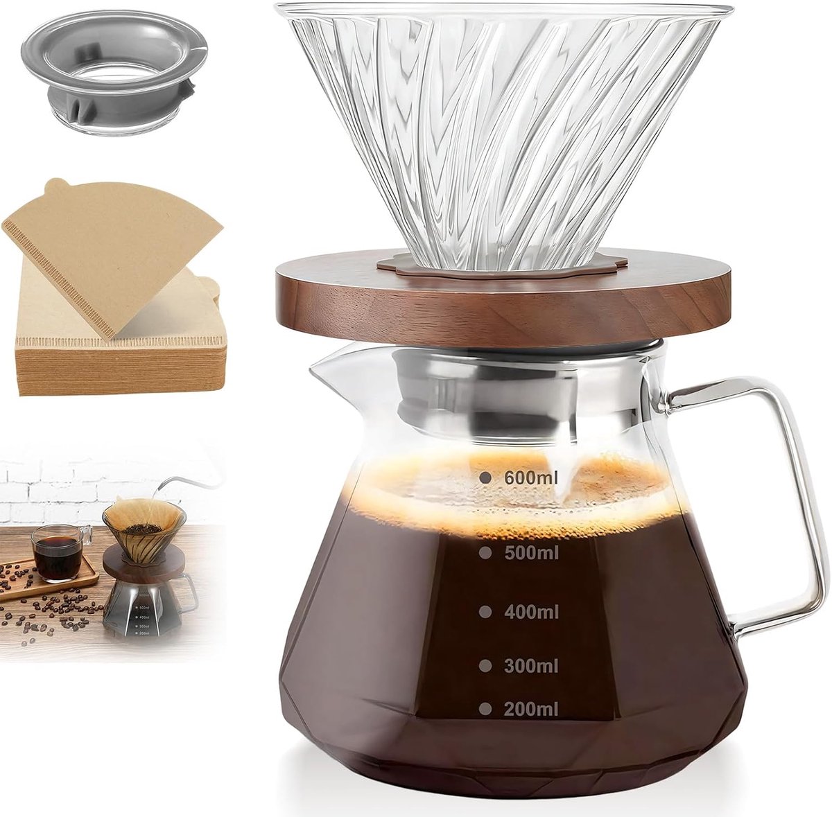Over, 600 ml transparant glazen koffiezetapparaat, zwart walnootdienblad en spiraaltrechter voor thuis, bar, restaurant en camping (inclusief 100 filterkaarten)