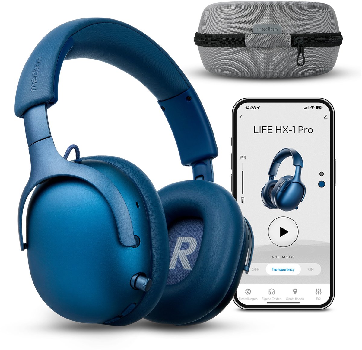 MEDION Over Ear koptelefoon HX-1 Pro (draadloos, hybride actieve ruisonderdrukking ANC, Bluetooth 6.0, 7+1 EQ-presets, tot 190 u batterijduur, spatwaterdicht IPX4), blauw