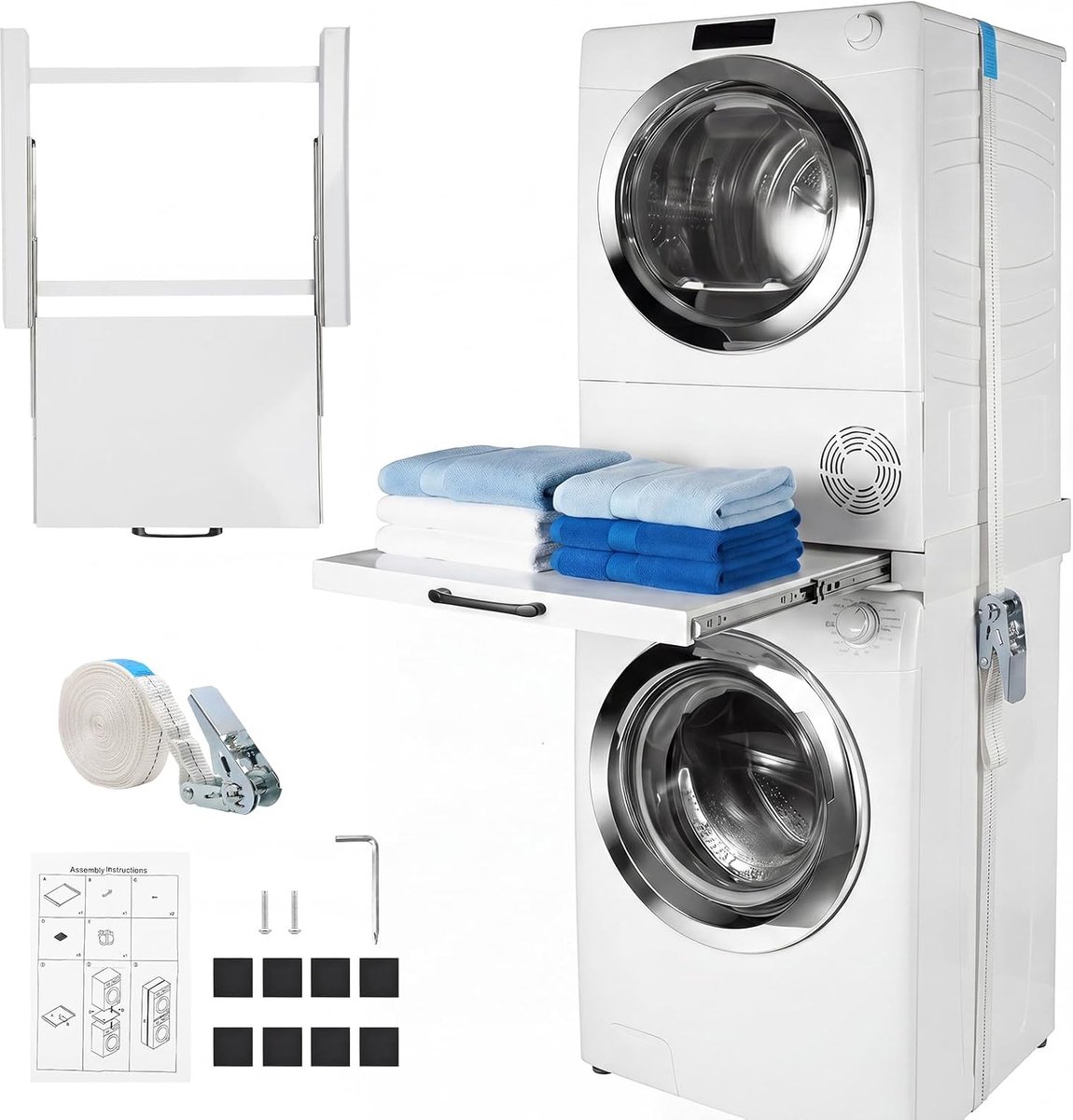 Overlappingsset voor wasmachine en droger, robuust stalen frame, 60 cm, zonder montage, onzichtbaar design met uitschuifbare plank, ruimtebesparend voor wasruimte