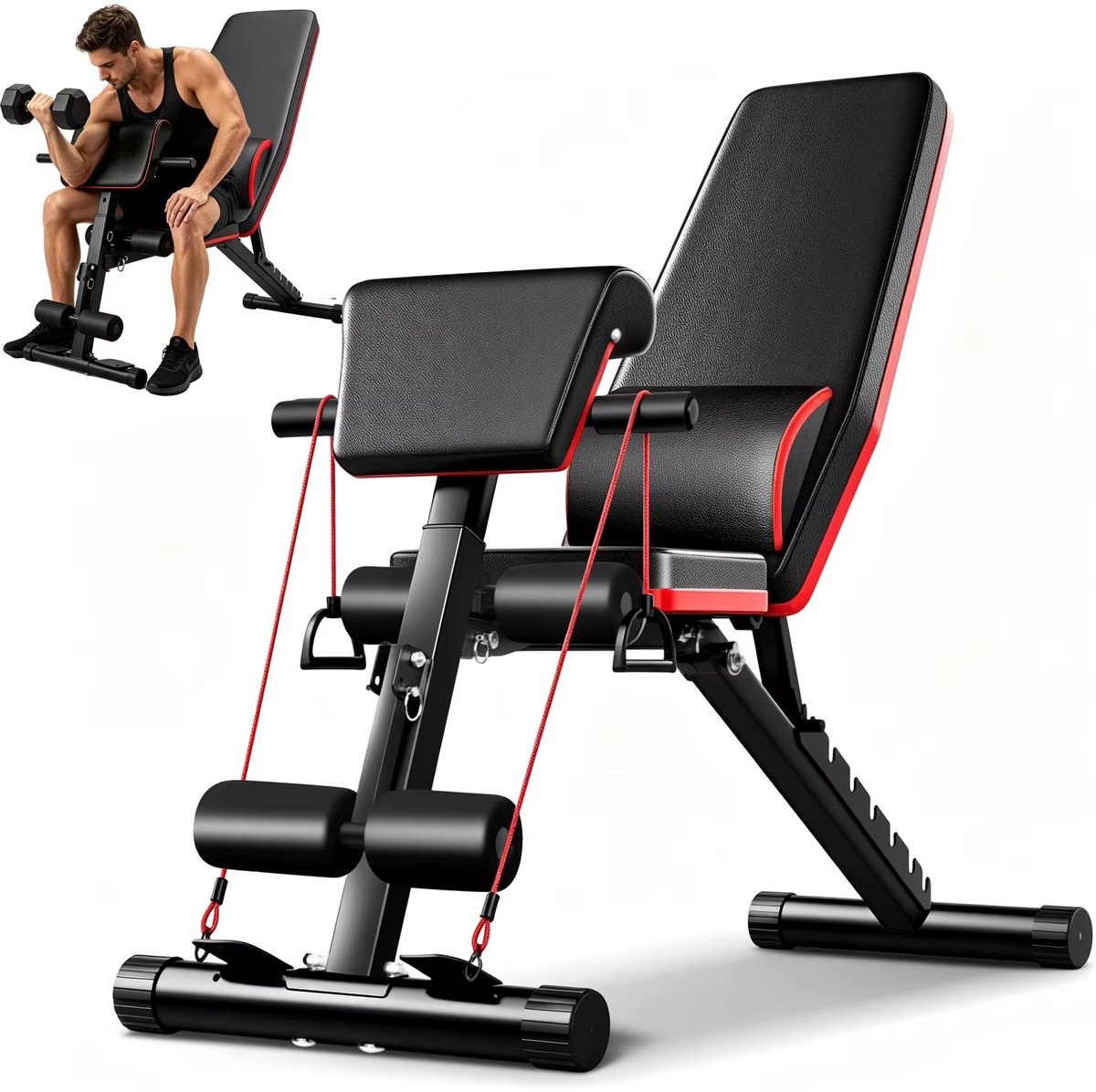 CreateEcom fitnessbank - halterbank - Opvouwbare halterbank - Opvouwbare multifunctionele halterbank met 7-niveau verstelbare rugleuning - dik stalen frame - homegym - full body workout fitnessapparatuur - rood-zwart