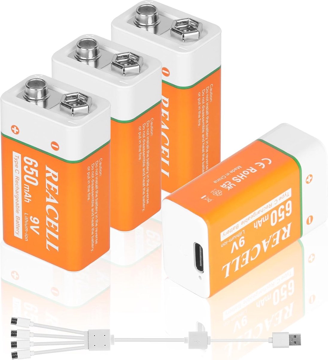 4X 9V Block Battery Rechargeable Lithium with 4-in-1 USB-C Charging Cable - ShopVlot