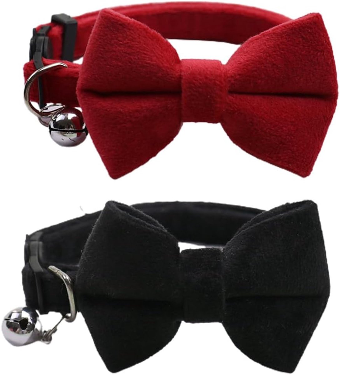 SnelShoppen - Fluwelen kattenhalsband met belletje en verstelbare veiligheidssluiting, schattige vlinderdas voor kleine puppy's, eenkleurig, perfect v