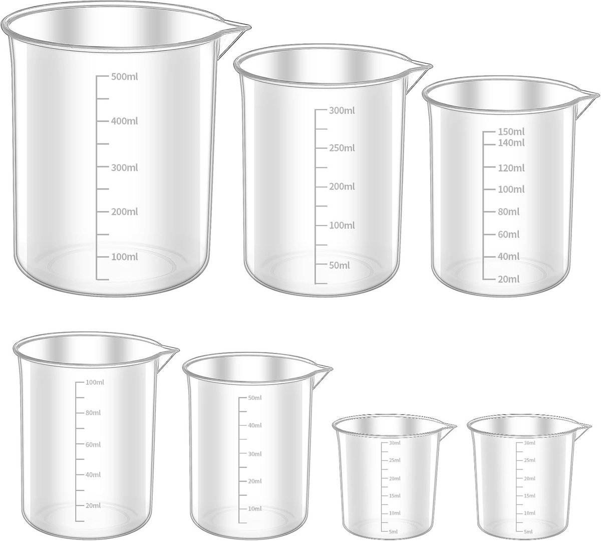 SnelShoppen - 7-delige Maatbekerset - Nauwkeurige Maatbekers 30ml, 50ml, 100ml, 150ml, 250ml, 500ml - Hittebestendig Kunststof - Ideaal voor Keuken, L