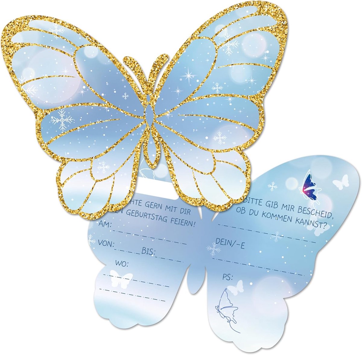 SnelShoppen - 12x Kinderverjaardagsuitnodigingen - Blauwe Vlinders - Uitnodigingen voor Feestjes - Kinderen - Meisjes en Jongens - 13.7x10.5 cm