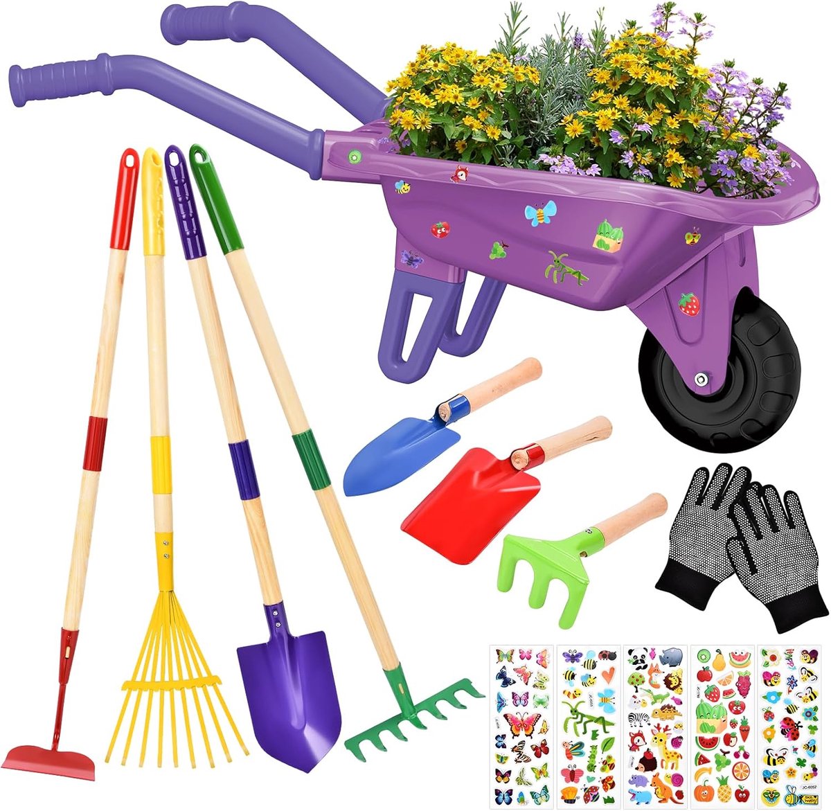 SnelShoppen - Kruiwagen voor Kinderen 14-delige Tuinset met Schep, Hark, Vork, Werkhandschoenen, Tuingereedschap voor Buitenactiviteiten, Kindertuinse