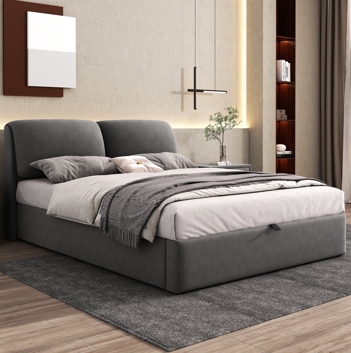 WUVRIE Gestoffeerd bed 140x200 cm met hydraulische opbergruimte, 3 lades en lattenbodem, grijs