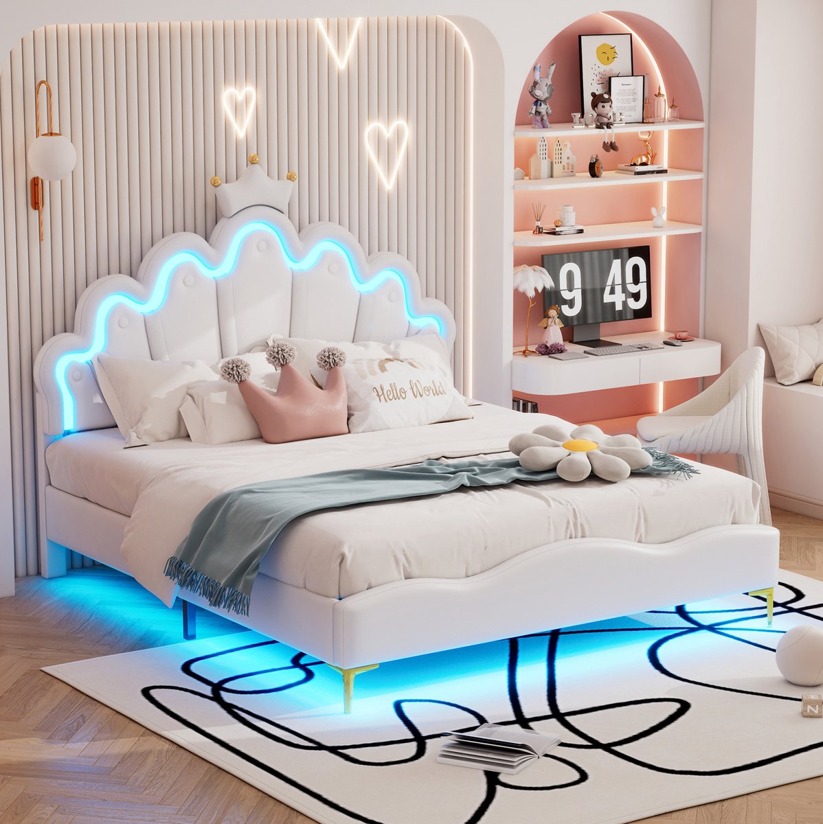 WUVRIE Tweepersoonsbed 140x200 cm met kroonvormig hoofdbord, LED-verlichting en lattenbodem, wit
