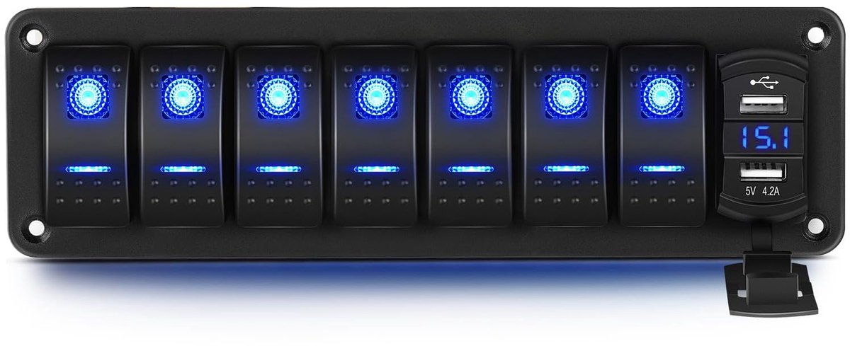 Schakelaars 7-Weg Aluminium - Dual USB (4.2A) - Voltmeter - Ideaal voor Voertuigen - ShopVlot