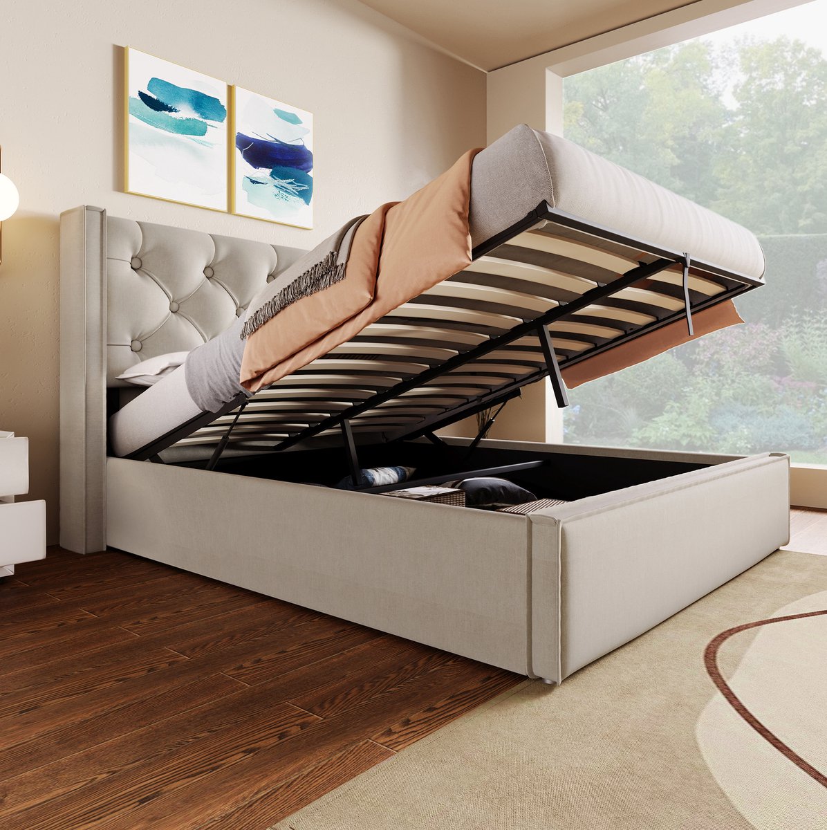 WUVRIE Gestoffeerd opbergbed 140x200 cm met hydraulische lattenbodem en bedbox, lichtgrijs