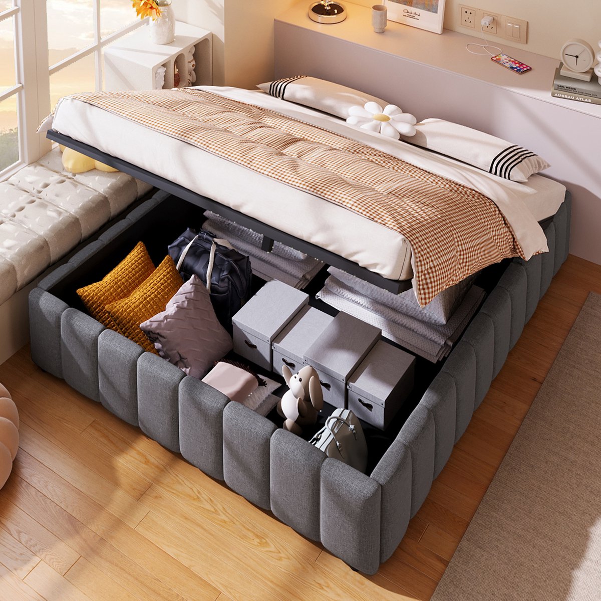 WUVRIE Tweepersoons bedframe 140x200 cm met hydraulische opbergruimte, zonder hoofdbord, grijs