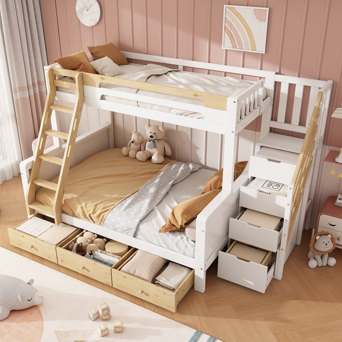 Merax Stapelbed 90x200 cm - 140x200 cm - kinderbed - met opbergladder - ladder - drie lades - wit en houtkleur - zonder matras