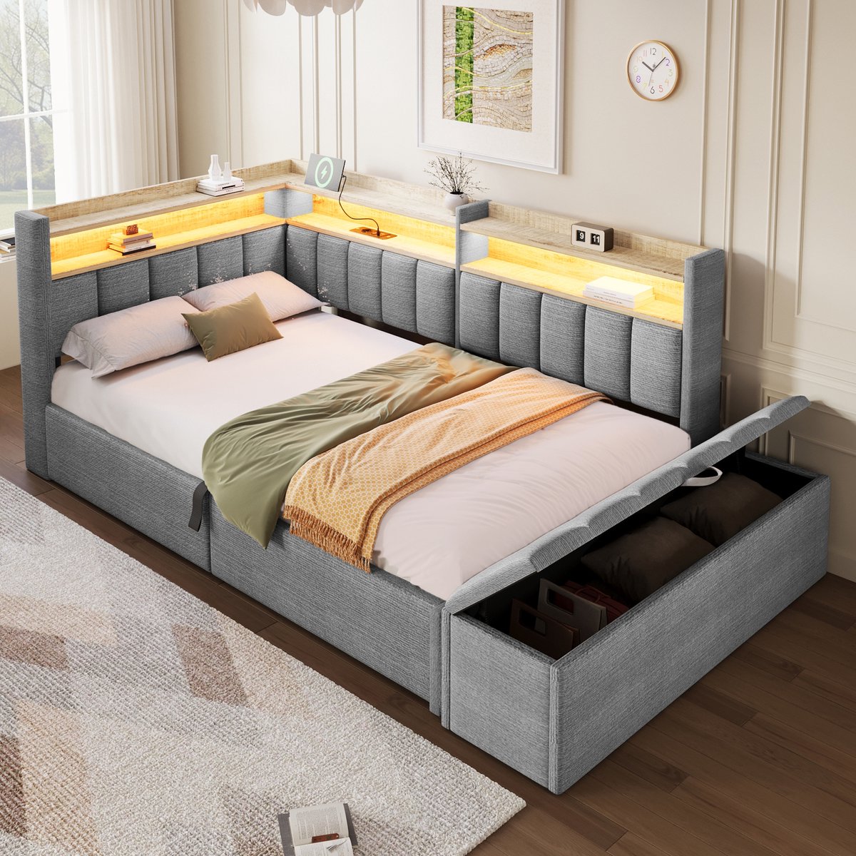 Merax Slaapbank 90 x 200 cm, met opbergruimte, bedbank, stopcontact, met USB-aansluiting, met LED-verlichting, zonder matras, grijs