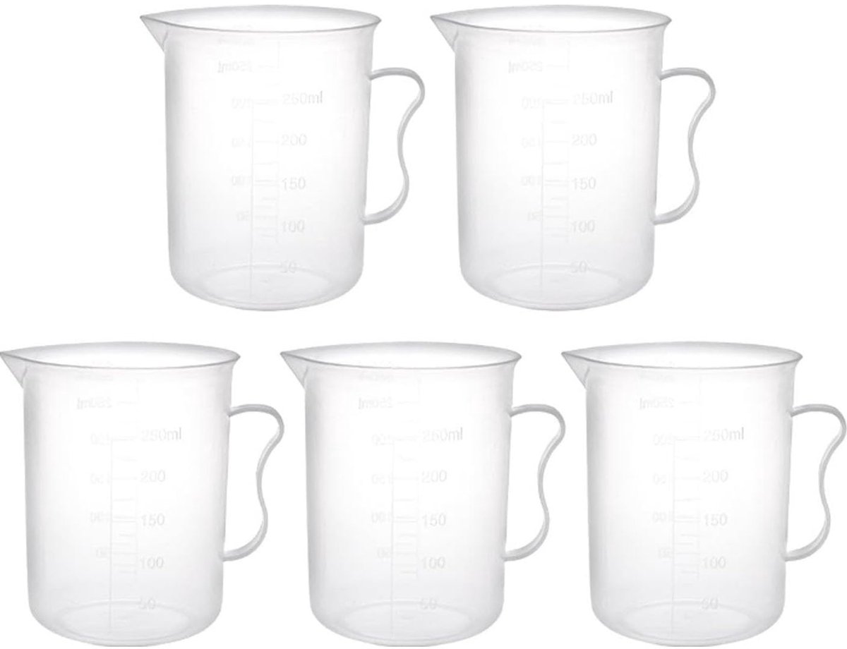 Recogwood 5 stuks plastic maatbekers, 250 ml transparante laboratoriumbekers met handvat, hittebestendige maatkannen - ShopVlot