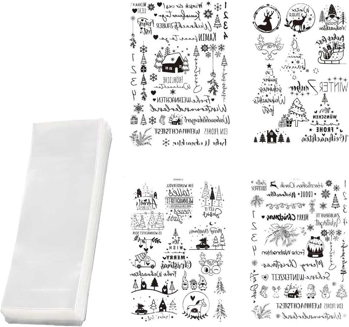 Kaarsentatoeages set – 4 zwarte kerststicker vellen + 100 kaarsenzakjes 30x8cm + 100 sluitstrips – DIY kerstdecoratie voor kaarsen en mokken