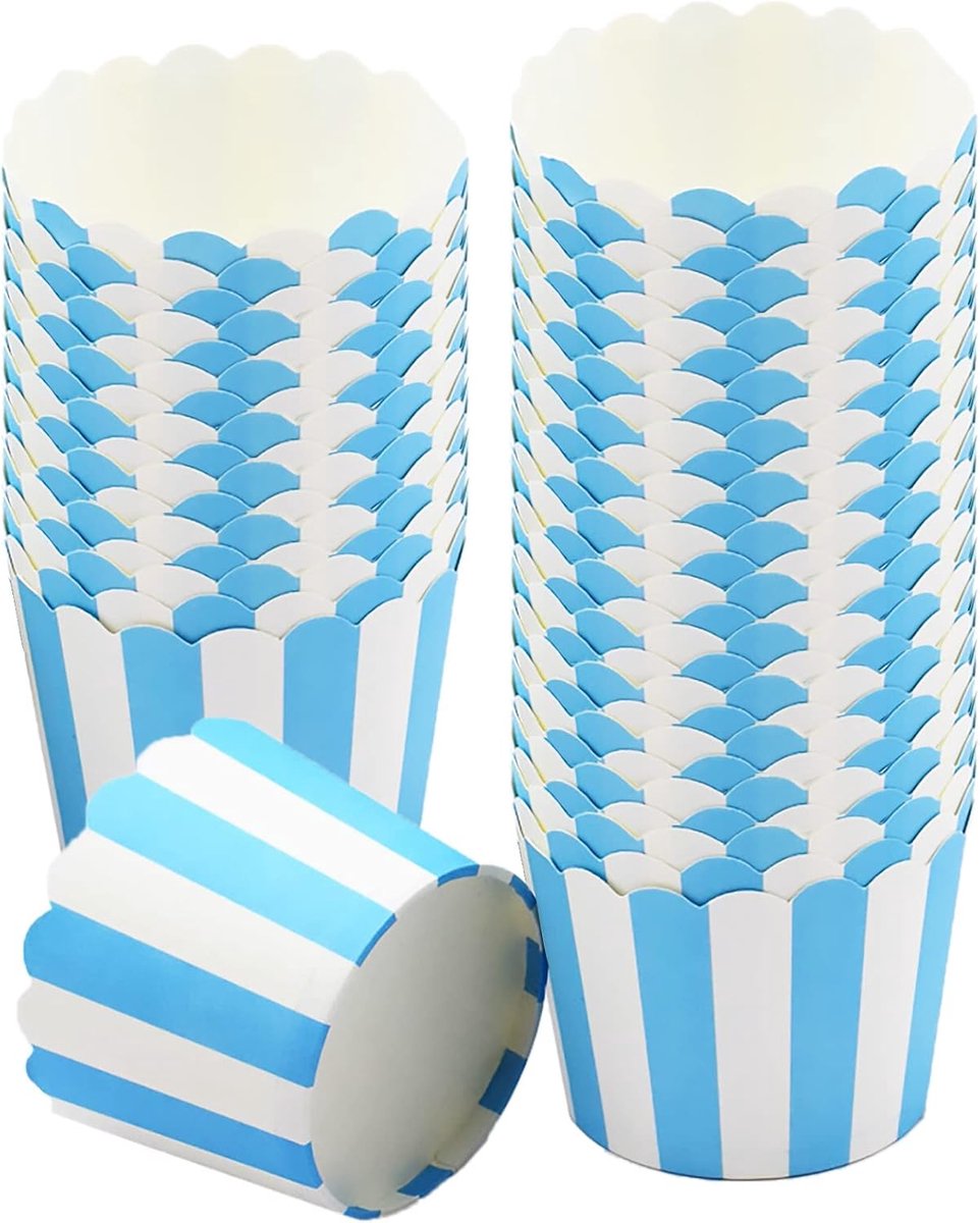Vormpjes, 50 stuks cupcake-bakbekers, wegwerp muffins muffinvormpjes, bakvormen, cupcake-liners, blauwe strepen, bakvormen, ideaal papieren taartmandjes voor verjaardagen, bruiloften en feesten