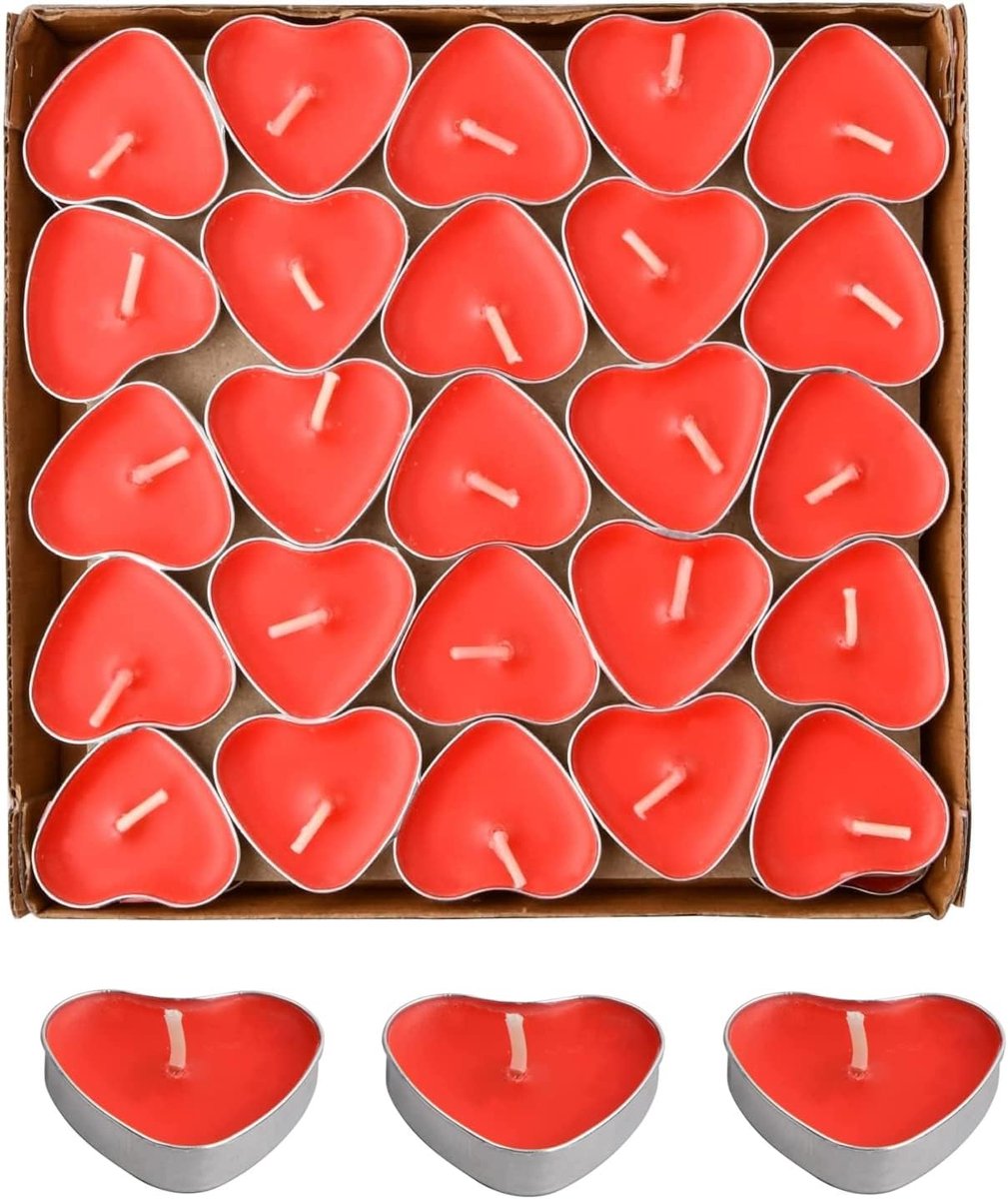 Theelichtset, 50 hartvormige kaarsen, theelichtjes, romantische liefde, ongeparfumeerde kaarsen, hart, romantische theelichtjes voor verjaardag, aanzoek, bruiloft (Red Heart)