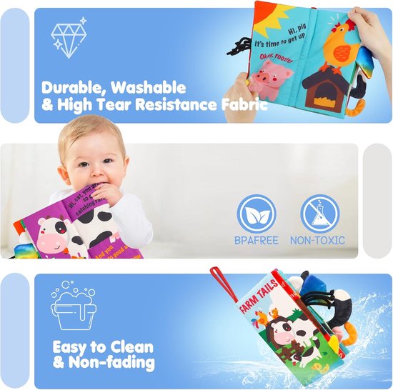 Babyboekjes en speelgoed voor baby's van 0-3-6 maanden, waaronder vouwboekjes, stoffen boekjes, voelboekjes, stille boekjes, sensorische kinderwagens en speelgoedkettingen. Een perfect cadeau voor jongens en meisjes. — afbeelding 4