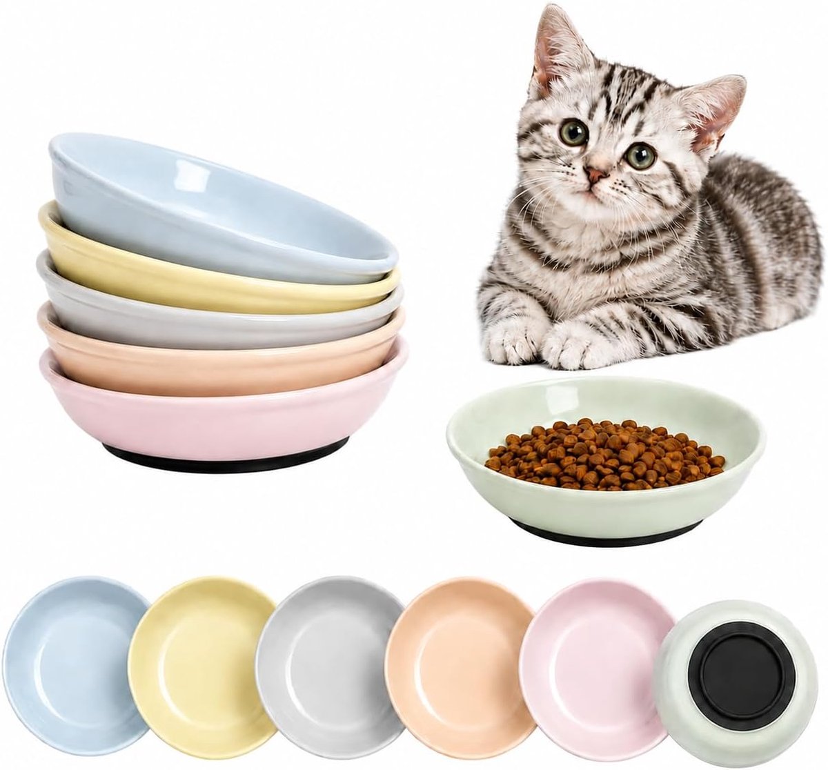 Kattenvoerkommen, set van 6 stuks, ondiepe kattenbak met antislip siliconen basis, whisker-fatigue gerechten voor binnenkatten - magnetron- vaatwasmachinebestendig - 150 ml kleurrijke