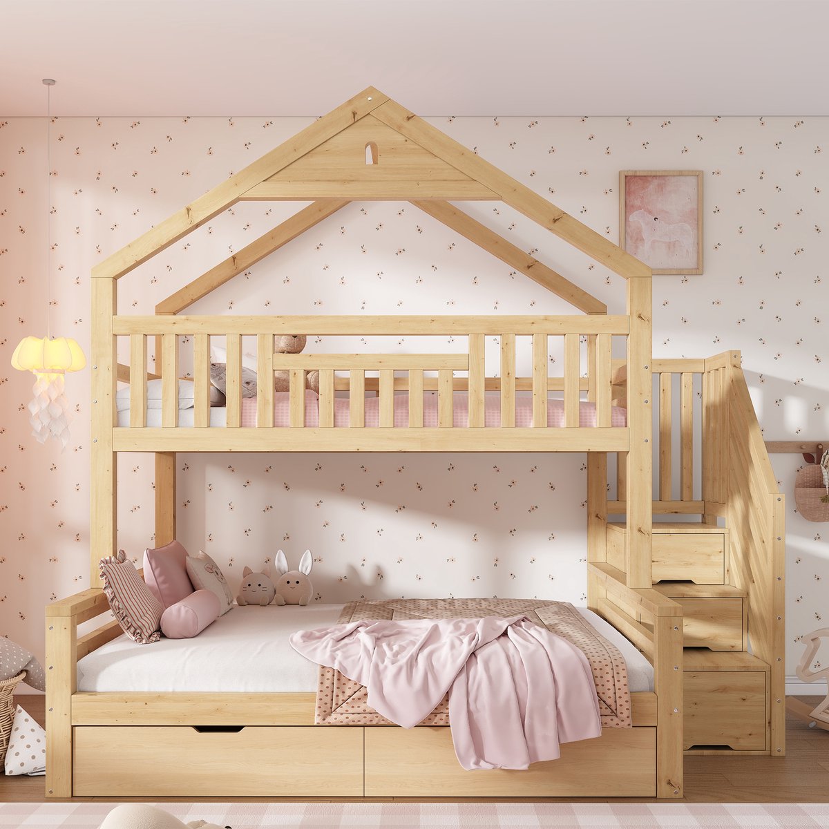 DESMIU Stapelbed 90x200 cm en 140x200 cm – Huisbed met Trapkast – 2 Lades – Kinderen vanaf 6 Jaar – Hout en MDF – Eikenkleur – Zonder Matras