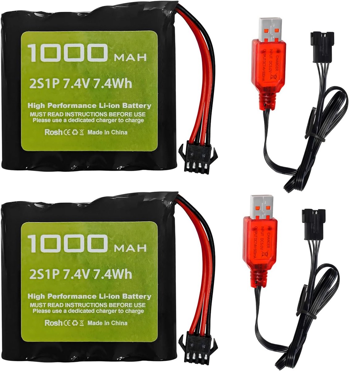 2 Pcs 7.4V 1000mAh 2S Li-ion Battery with SM-4P Plug and USB Charging Cable for DE36W DE65 NO.1809 Remote Control Toy - ShopVlot