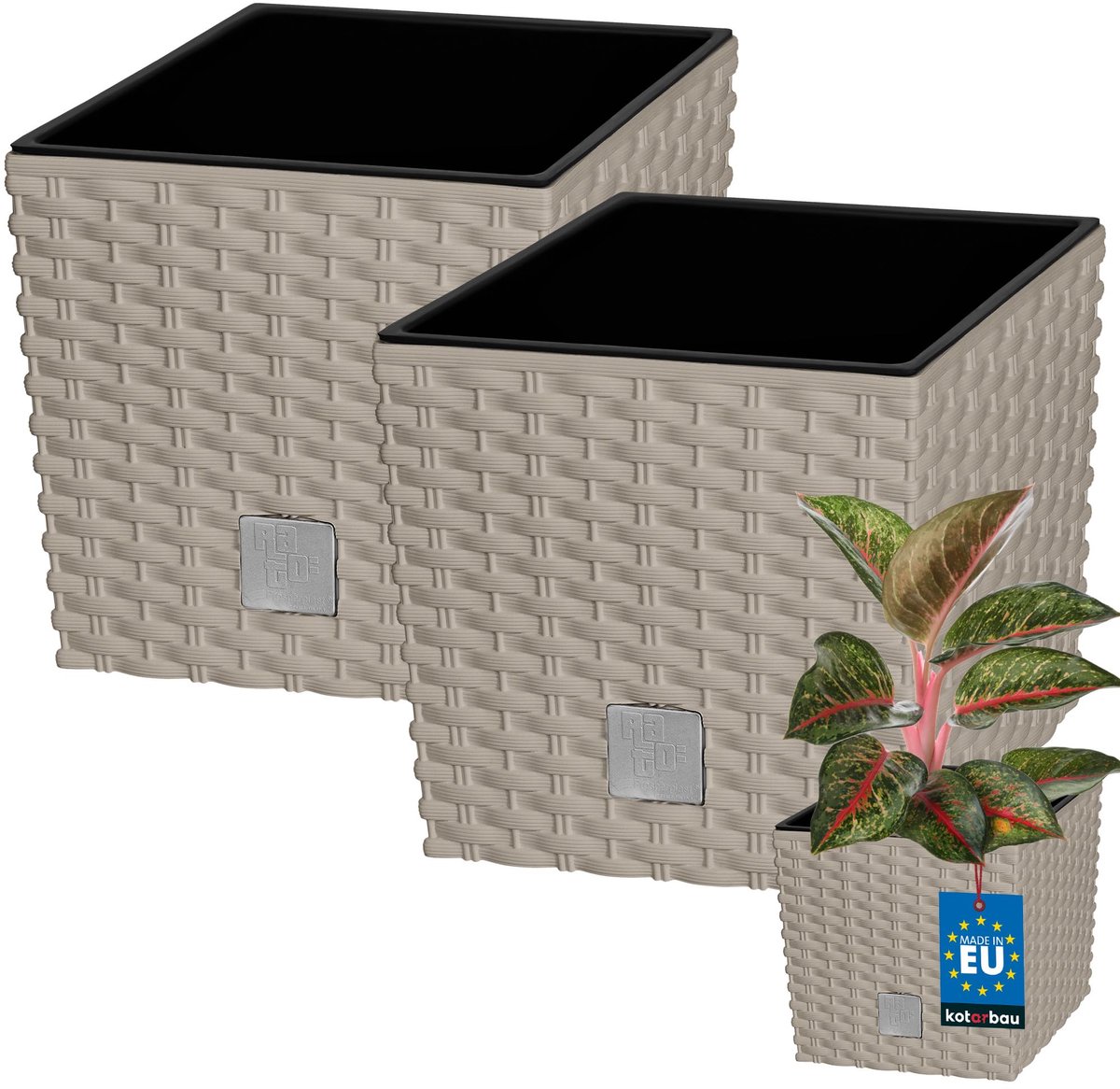 KOTARBAU® Vierkante Bloempot met Inzetpot - Vierkante Plantenbak 20x20 cm 2 Stuks - Plantenpot 6,8 L - Plantenbak - Kunststof - Rotanlook - Mokka