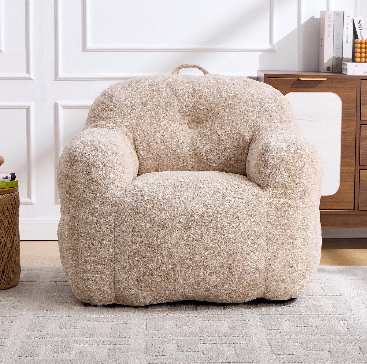 REDOM Zitzak - Versnipperde schuimvulling - Met rugleuning en armleuningen - Voorgevuld - Imitatiebont - Beige - 95 x 95 x 79 cm