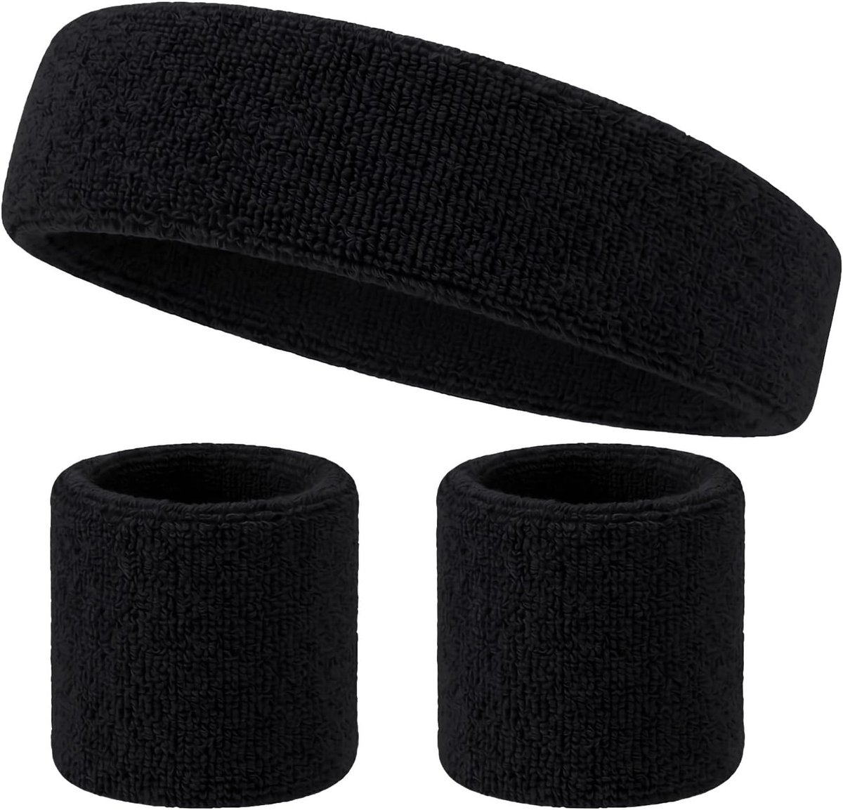 3-delige zweetbandenset, 1 x hoofdband en 2 x polszweetbanden, badstof, gestreept, vochtafvoerend, zweetabsorberend, voor sport, basketbal, aerobic, carnaval, uniseks