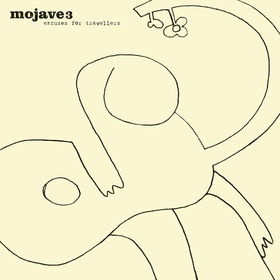 Albumhoes met minimalistische tekening van een figuur met een gitaar. Tekst: mojave3 excuses for travellers.