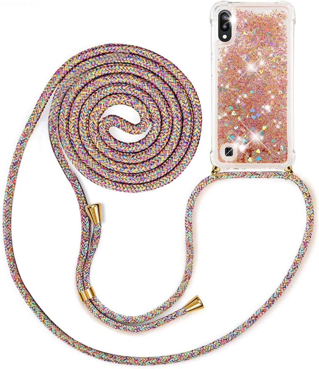 Telefoonhoesje met koord, voor Samsung Galaxy A10 / M10, telefoonhoes met koord, glitter, beschermhoes met koord om om te hangen, siliconen hoesje met koord,Gouden