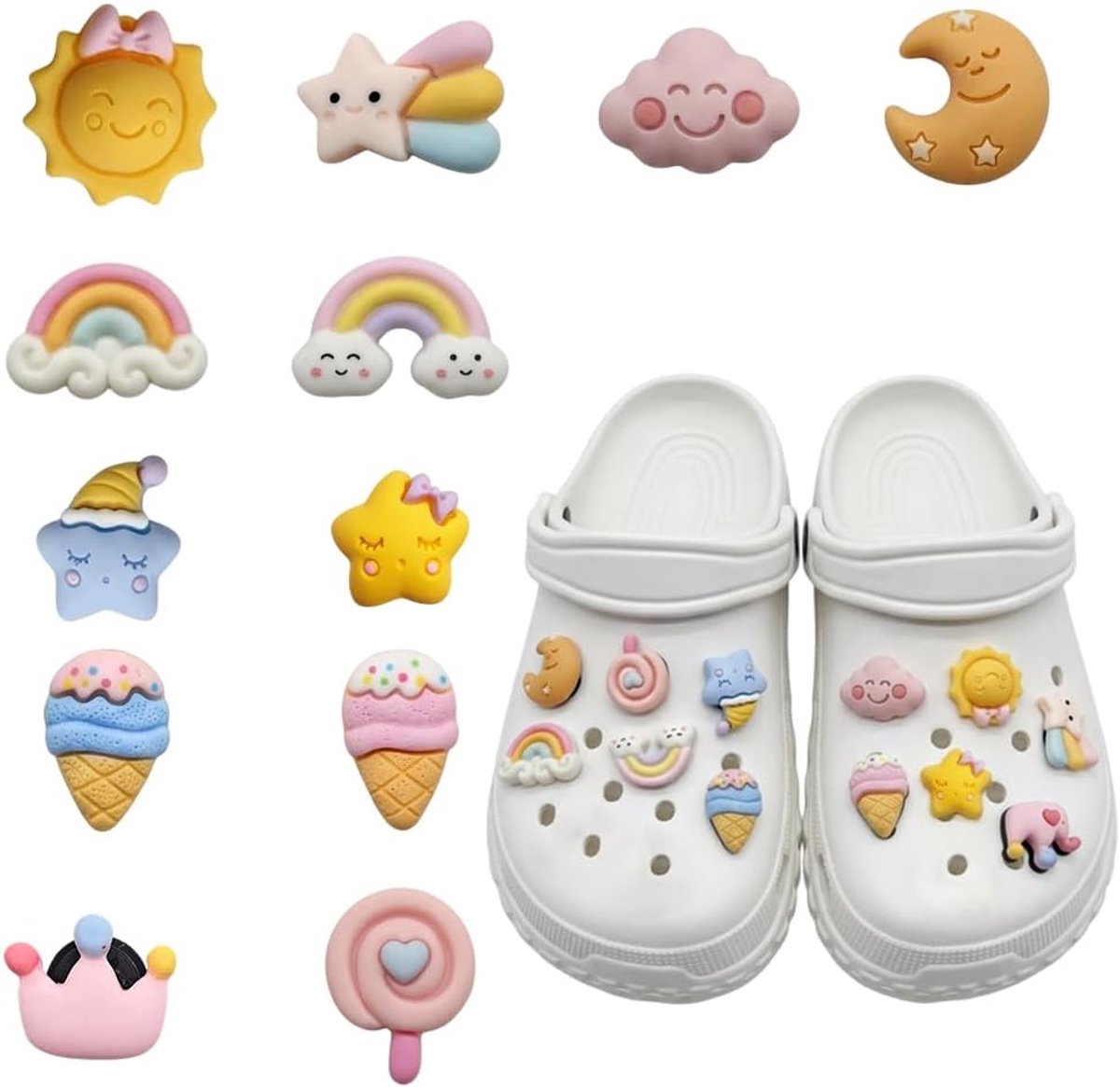 Bedels voor klompen, Crocs-pins, pvc, schoenbedelset, glitter, schoenversiering, schoenhangers, doe-het-zelf schoenspelden voor Crocs schoenen, sandalen, kinderen, meisjes, vrouwen