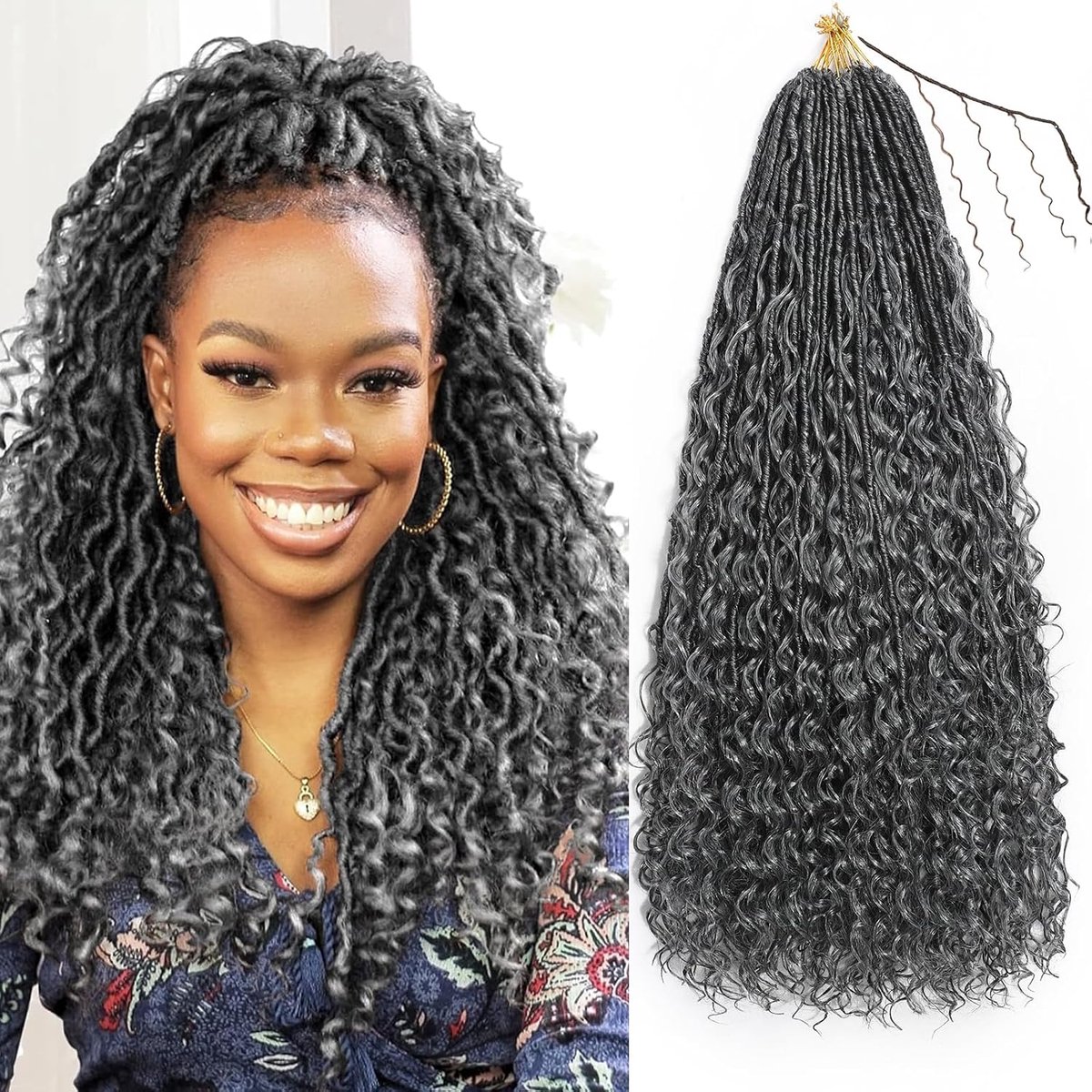 Faux Locs gehaakt haar, 8 verpakkingen godinne zachte locs met krullende uiteinden, vooraf gelopende Bohemian River Locs gehaakt haar extensions voor zwarte vrouwen (F1B/Grey#, 45,7 cm