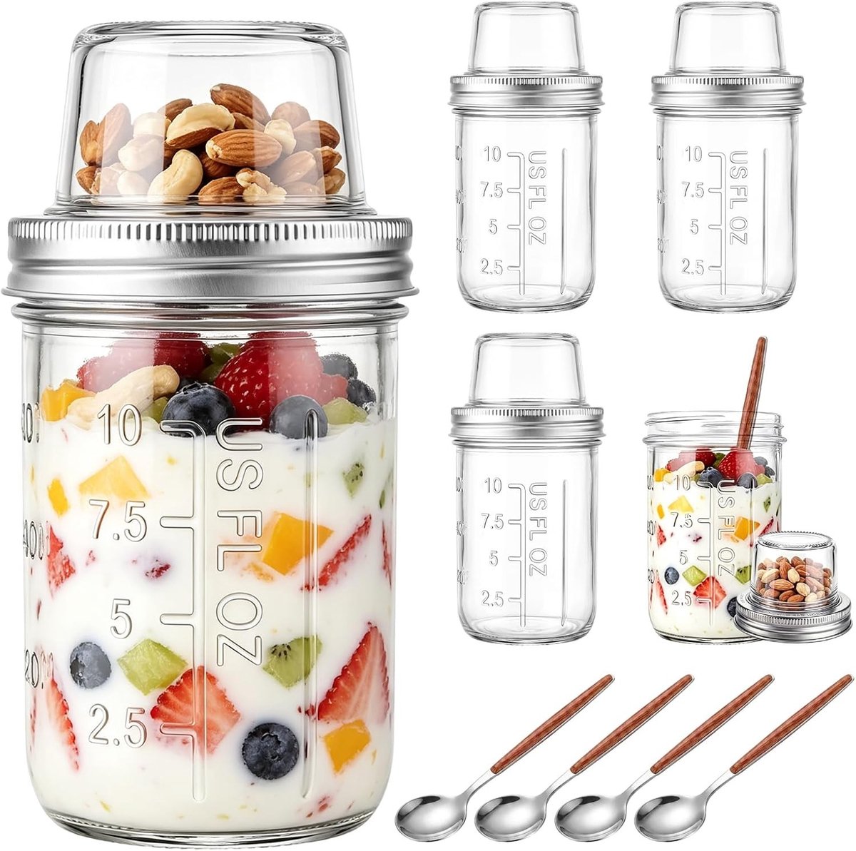 4 x Overnight Oats Glazen met 400 ml + 100 ml Cereal Cup, Dubbele Laag, Gescheiden Opslag voor Yoghurt en Havermout, Ideaal voor Ontbijt en Snack