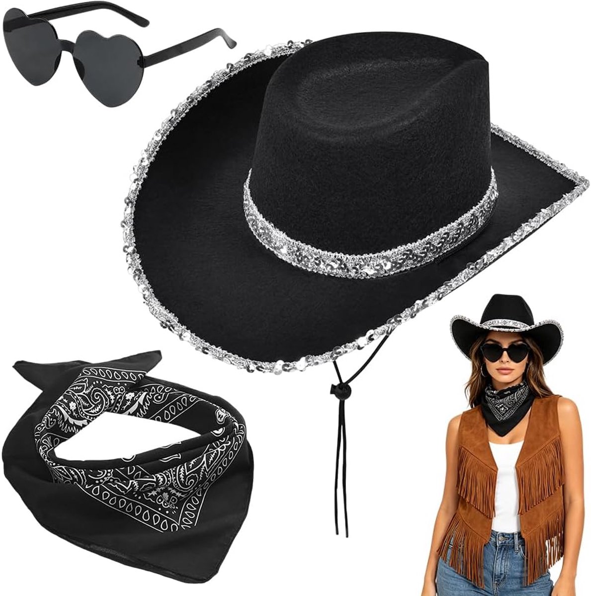 3-delige cowboyhoedset, westerse cowboyaccessoires, met cowboyhoeden, brillen, bandana's, voor gemaskerd bal, Halloween, cosplay (zwart)