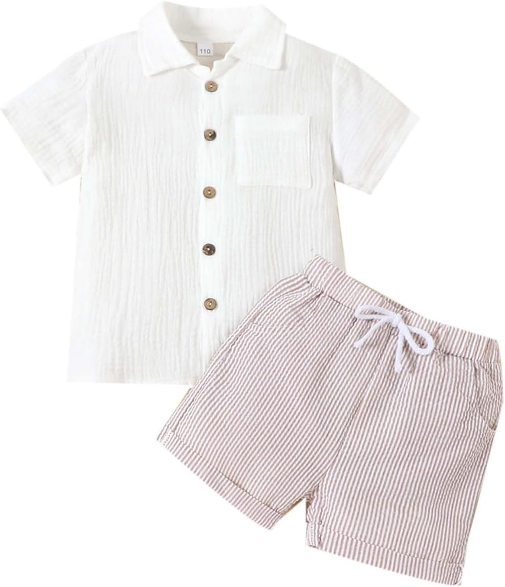 Set met korte mouwen van linnenmix voor jongens, casual tweedelige zomeroutfit met kraag en effen kleuren
