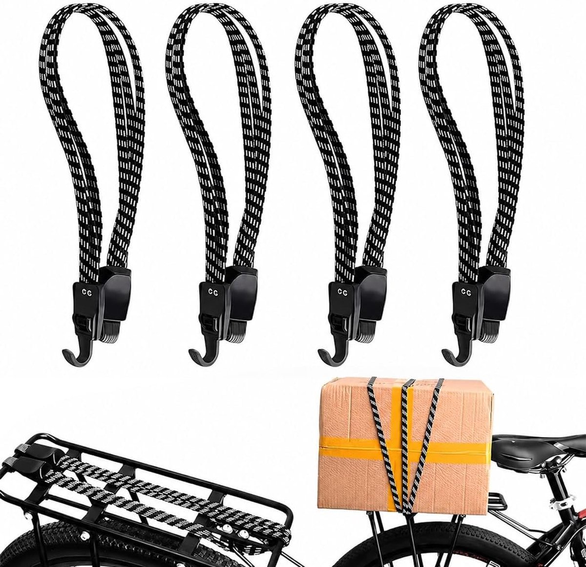Spanbanden fiets met haken, elastische bagagespanner, verstelbare bevestigingsriemen, zwart, voor fiets, motorfiets, camping, winkelen