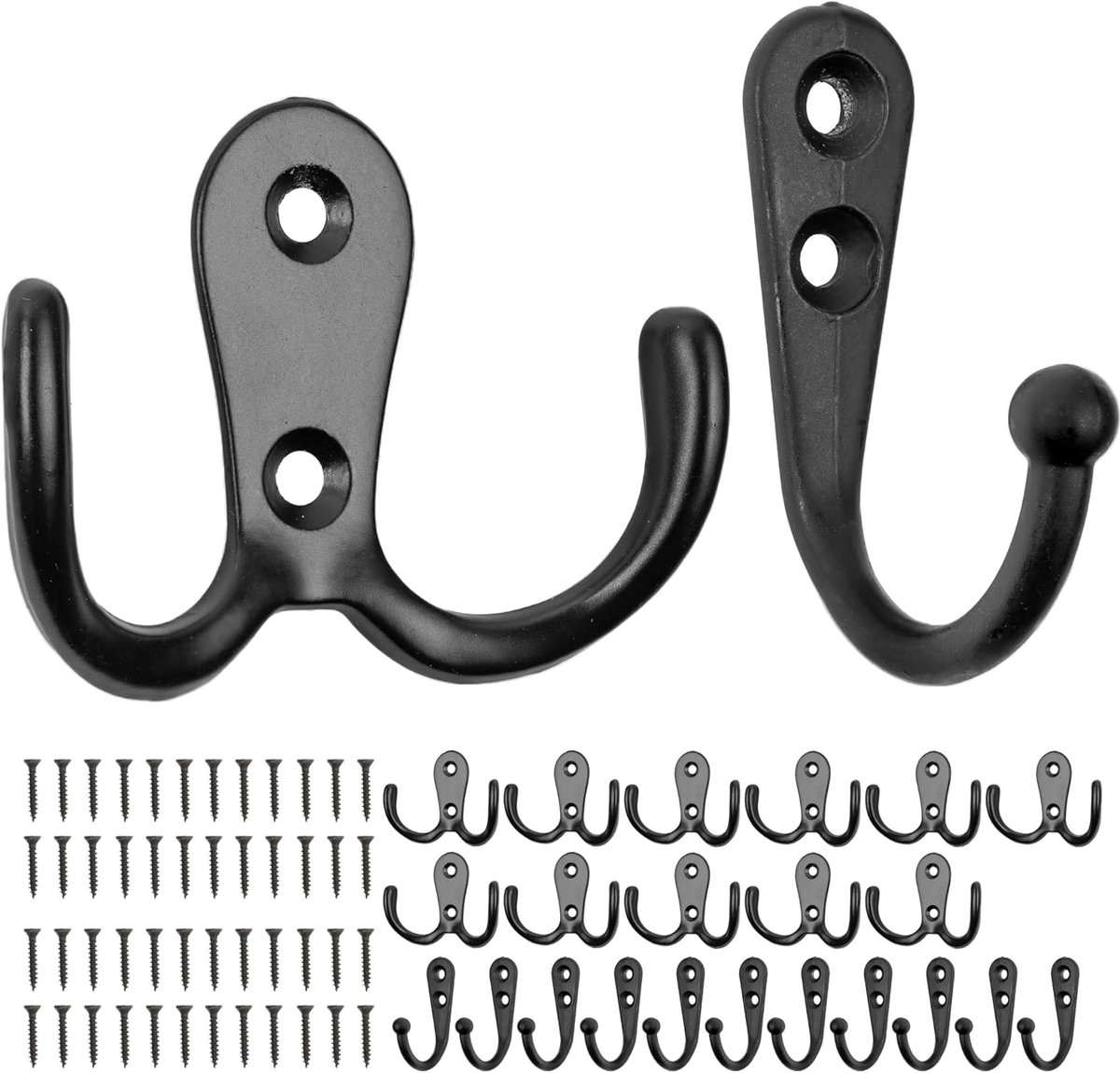Haak om te schroeven, set van 24 stuks, in zwart, elk 12 x enkele haken en dubbele haken incl. houtschroeven, garderobehaken voor deur, badkamer, keuken, hal, doe-het-zelf metalen haken, jashaken