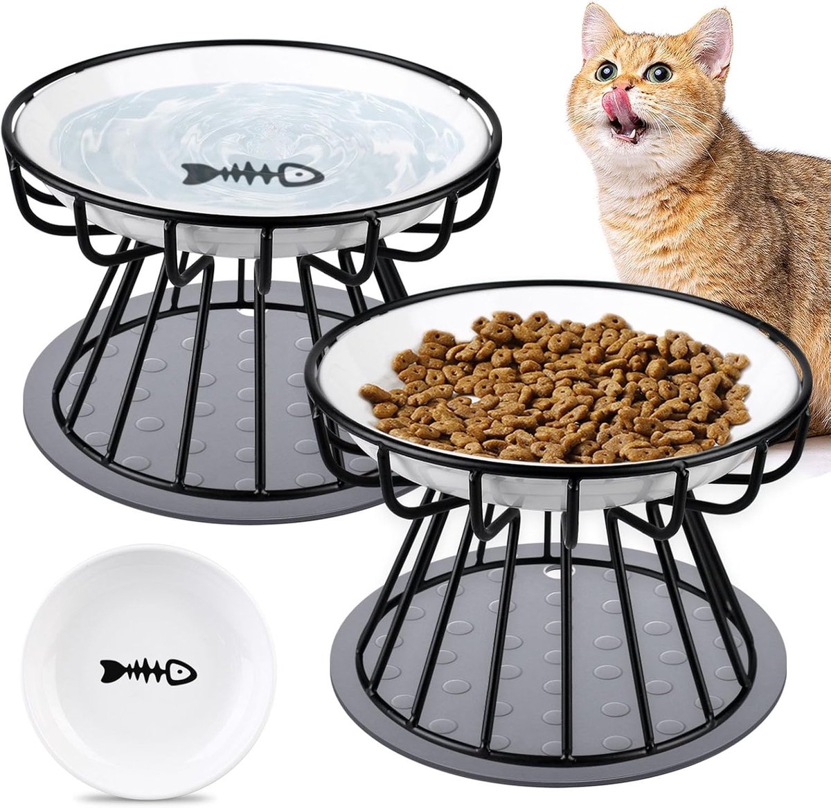 Kattenvoedbakken, 2 stuks, Verhoogde Keramiek Kattenvoedbak, Verhoogde Kattenvoedbak Anti-Braak Kattenvoedbak, Verhoogde Kattenvoedbak met Antislip Mat, Verhoogde Kattenvoedbak voor Katten