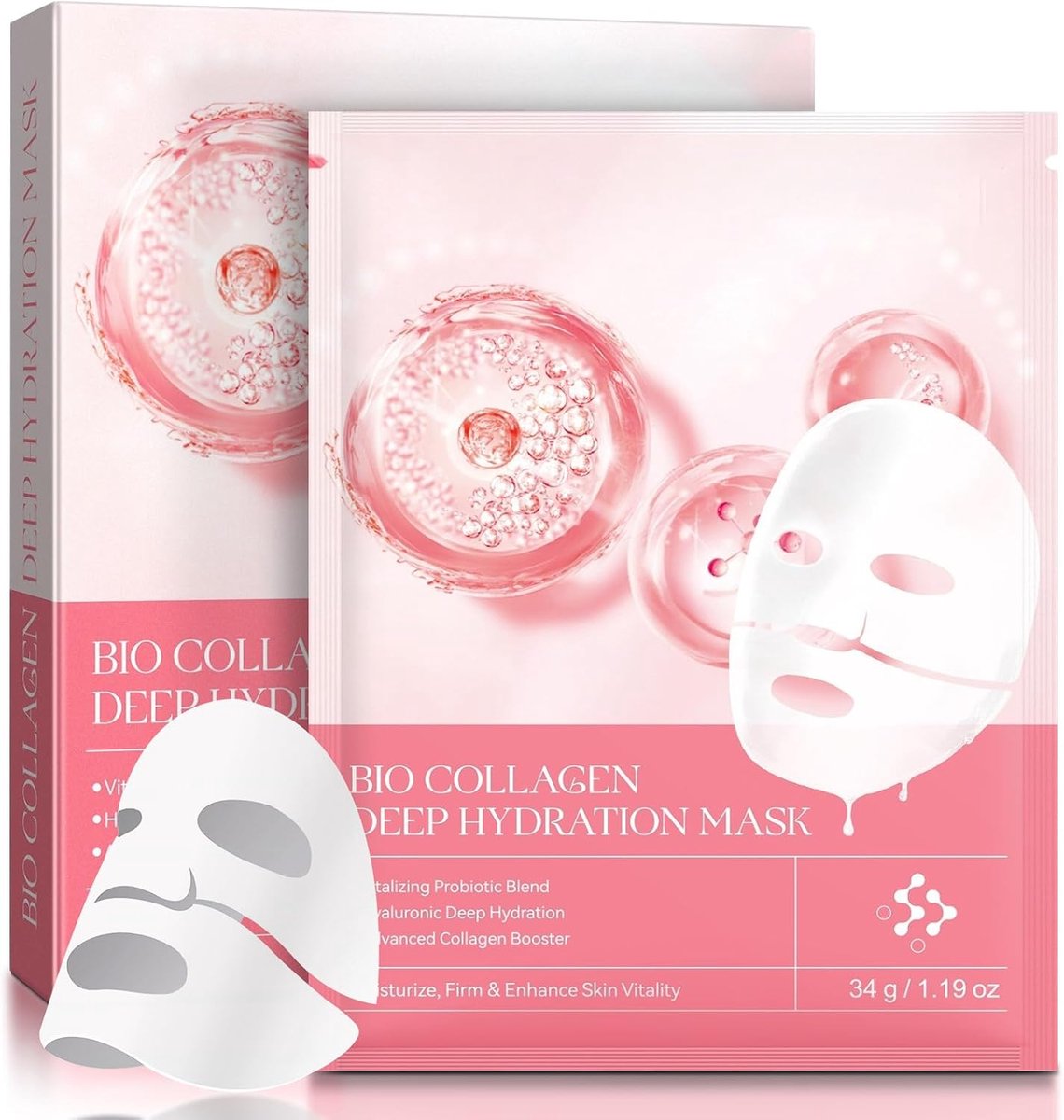 Collageenmasker, overnight gezichtsmasker, kalmerend, hydraterend, voedend, collageenmasker voor vrouwen, verbetering van de elasticiteit van de huid, 34 g x 4 stuks